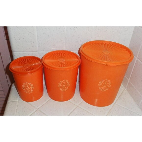 Vintage Orange Tupperware Nesting Canister Set of 3 servalier mcm 1970s storage - Picture 4 of 16